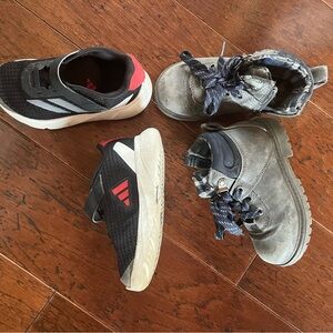 Adidas Black and Red Sneakers with Gray Boots